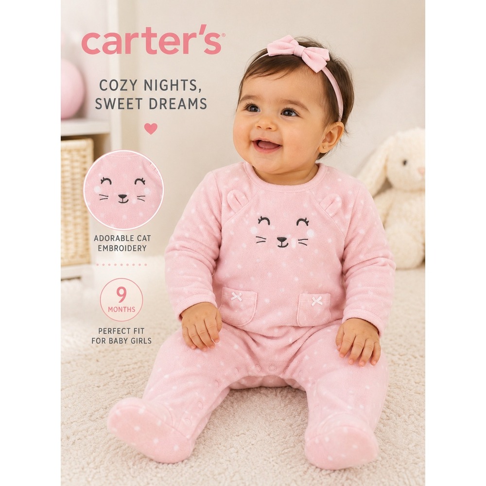 5/$25 Carter's Baby Girl Pink‎ Polka Dot Cat Fleece Sleeper Romper 9 Months